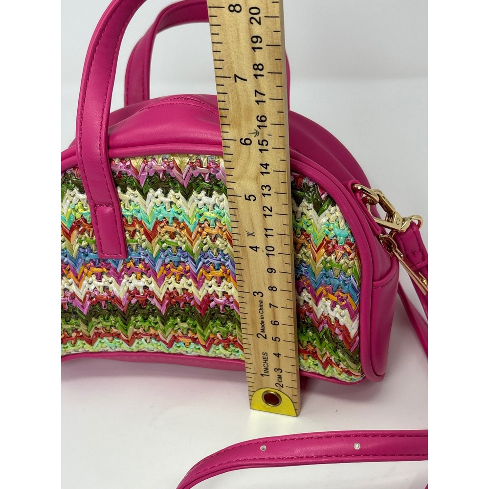 Forever 21 Pink Faux Leather Multi Color Woven Straw Crossbody Mini Satchel Bag - Picture 5 of 6